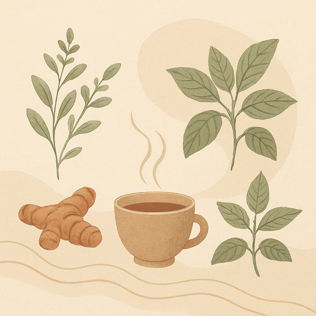 Hand-drawn illustration of Ayurvedic herbs, turmeric root, and a steaming tea bowl in warm earth tones